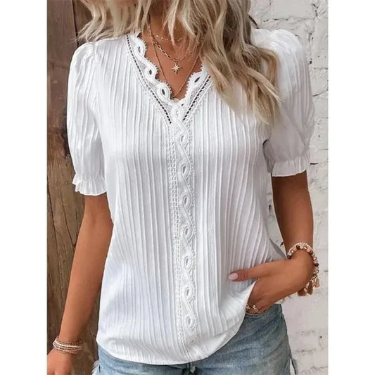 New Women's Fashion Lace V Neck Tops Casual Solid Color Short Sleeve T-Shirts Elegant Puff Sleeve Blouses Shirts