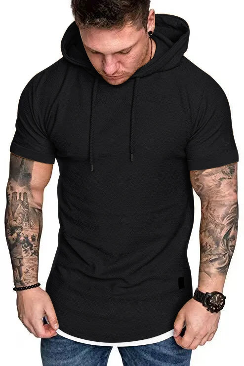 Nova camiseta com capuz de verão masculina cor sólida manga curta camiseta com capuz masculina 