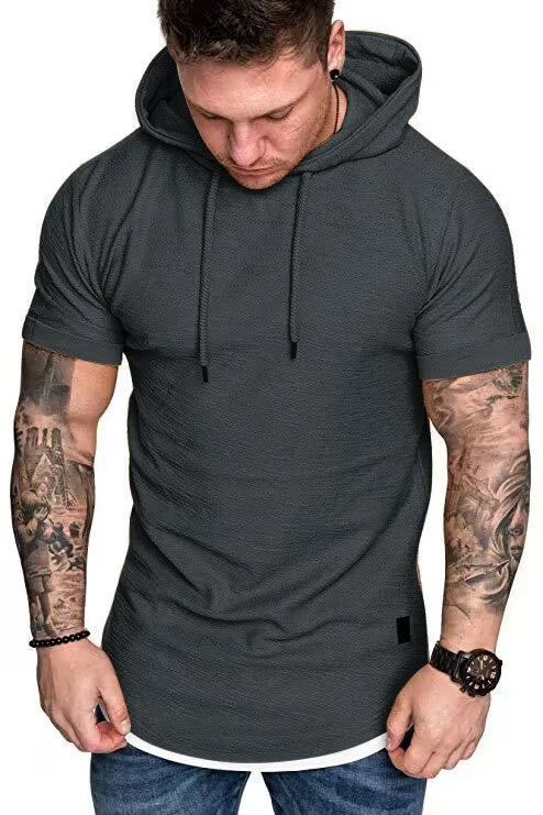 Nova camiseta com capuz de verão masculina cor sólida manga curta camiseta com capuz masculina 