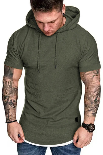 Nova camiseta com capuz de verão masculina cor sólida manga curta camiseta com capuz masculina 