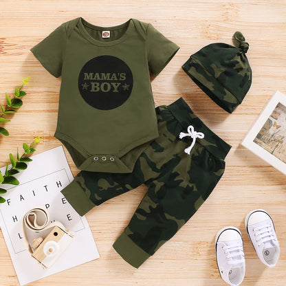 Newborn Baby Boy Summer Clothes Set Letters Short Sleeve Romper +Camouflage Pants+Hat 3pcs Outfits for Toddler Boy 0-18 Months Leedoar