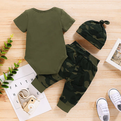 Newborn Baby Boy Summer Clothes Set Letters Short Sleeve Romper +Camouflage Pants+Hat 3pcs Outfits for Toddler Boy 0-18 Months Leedoar