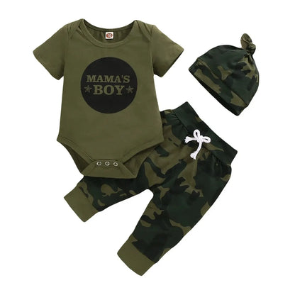 Newborn Baby Boy Summer Clothes Set Letters Short Sleeve Romper +Camouflage Pants+Hat 3pcs Outfits for Toddler Boy 0-18 Months Leedoar