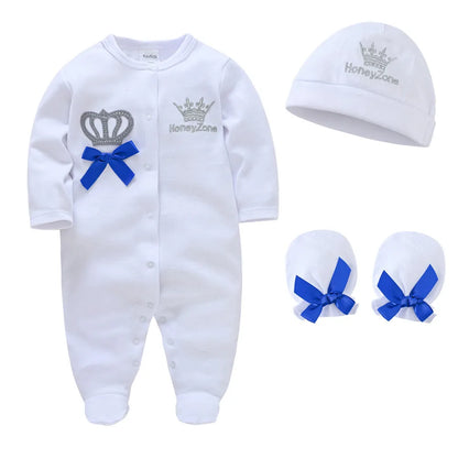 Newborn Baby Boys Romper Royal Crown Prince 100% Cotton Clothing Set with Cap Gloves Infant Girl One-Pieces Footies Sleepsuits Leedoar