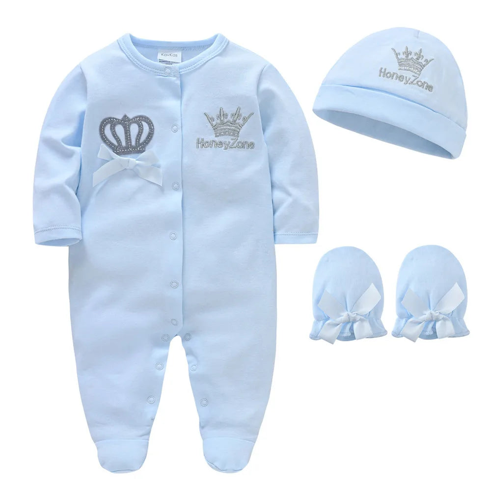 Newborn Baby Boys Romper Royal Crown Prince 100% Cotton Clothing Set with Cap Gloves Infant Girl One-Pieces Footies Sleepsuits Leedoar