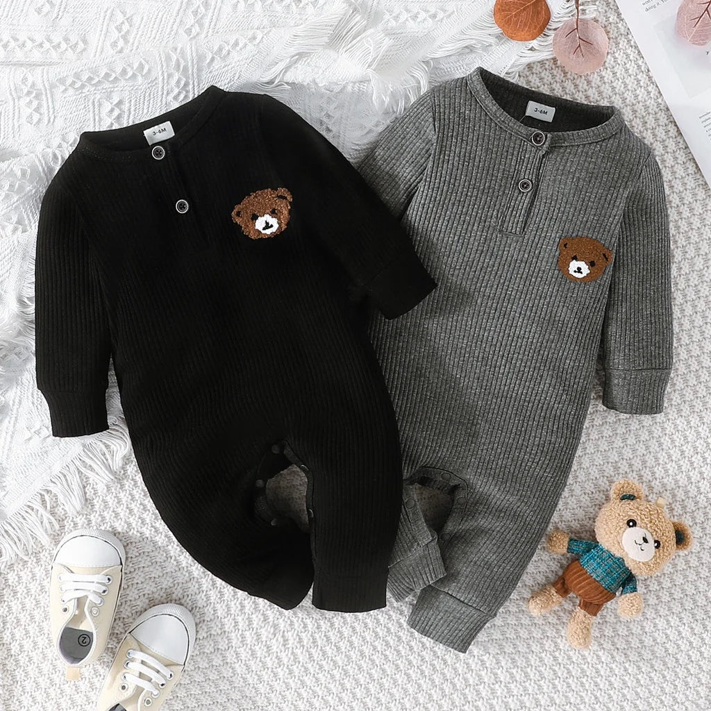 Newborn Baby Clothes 0 to 18 Months Cartoon Bear Tiny Button Onesies For Baby Boy Long Sleeve Infant Romper Toddler Jumpsuit Leedoar