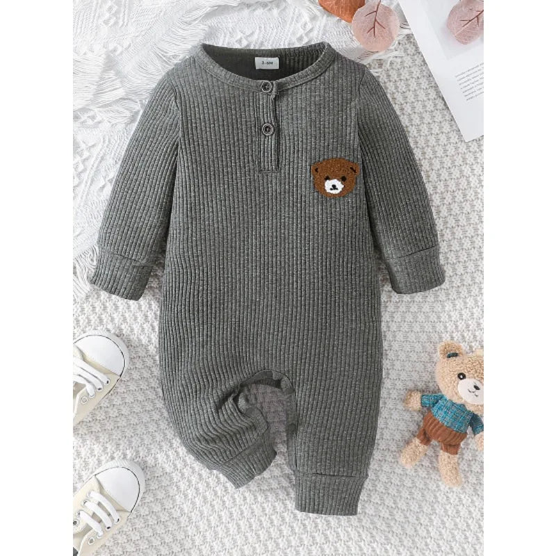 Newborn Baby Clothes 0 to 18 Months Cartoon Bear Tiny Button Onesies For Baby Boy Long Sleeve Infant Romper Toddler Jumpsuit Leedoar