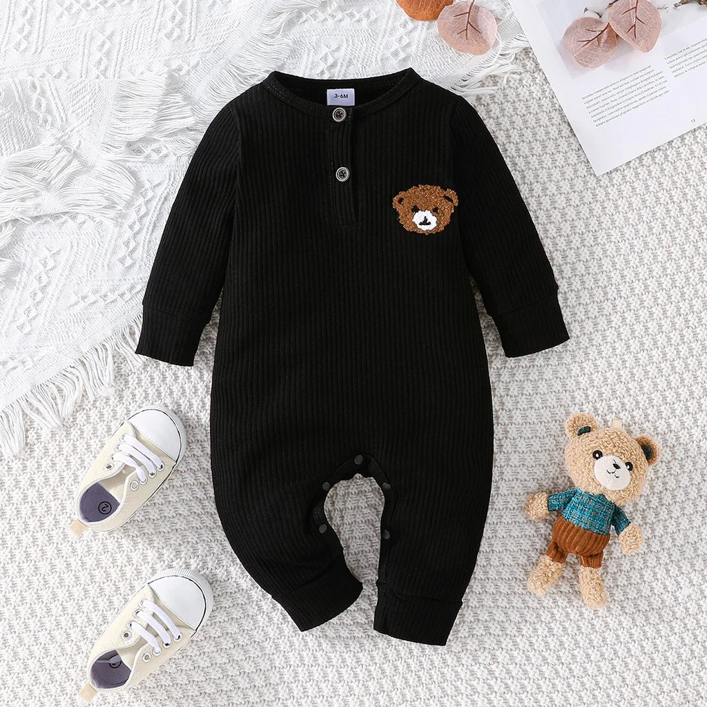 Newborn Baby Clothes 0 to 18 Months Cartoon Bear Tiny Button Onesies For Baby Boy Long Sleeve Infant Romper Toddler Jumpsuit Leedoar