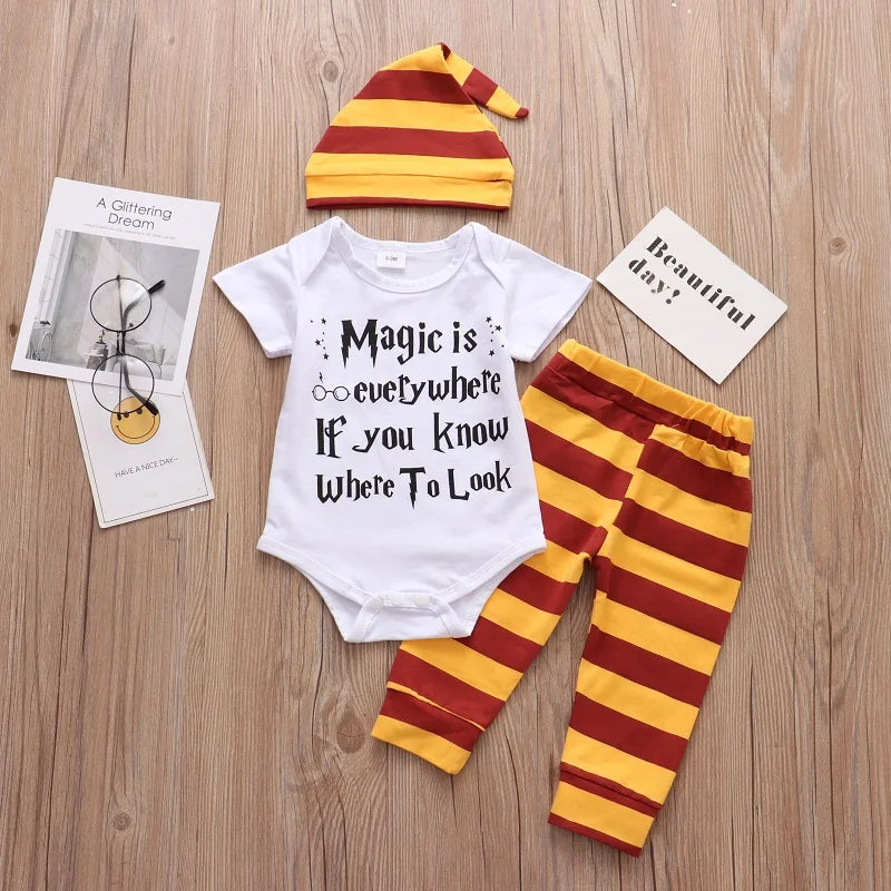 Newborn Baby Clothes 3 Pieces Sets 2023 Halloween Little Wizard Tops+Pants+Hat Toddler Babe Boy Girl Outfits Leedoar