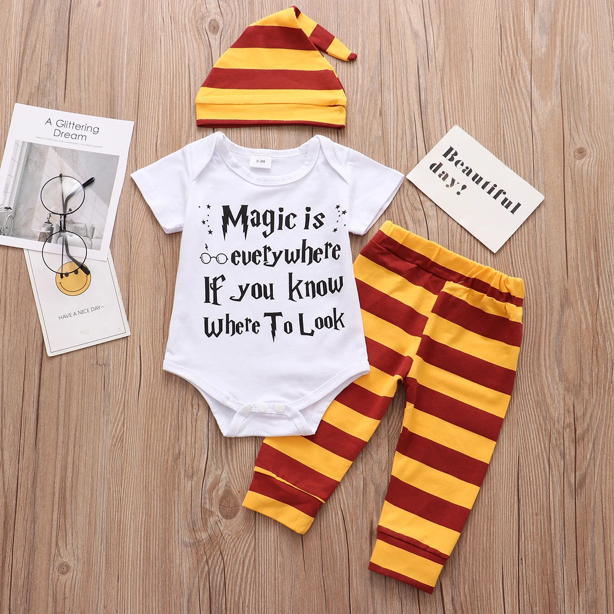 Newborn Baby Clothes 3 Pieces Sets 2023 Halloween Little Wizard Tops+Pants+Hat Toddler Babe Boy Girl Outfits Leedoar