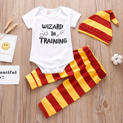 Newborn Baby Clothes 3 Pieces Sets 2023 Halloween Little Wizard Tops+Pants+Hat Toddler Babe Boy Girl Outfits Leedoar