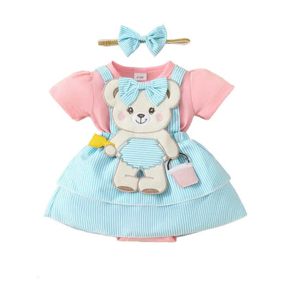 Newborn Baby Girl 2Pcs Set Adorable Cartoon Bear Bodysuit Striped Skirt Set with Matching Bow Headband Infant Outfits 0-1 Years Leedoar