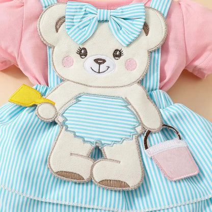 Newborn Baby Girl 2Pcs Set Adorable Cartoon Bear Bodysuit Striped Skirt Set with Matching Bow Headband Infant Outfits 0-1 Years Leedoar