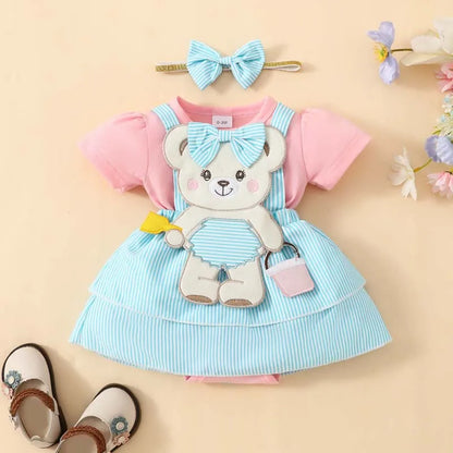 Newborn Baby Girl 2Pcs Set Adorable Cartoon Bear Bodysuit Striped Skirt Set with Matching Bow Headband Infant Outfits 0-1 Years Leedoar