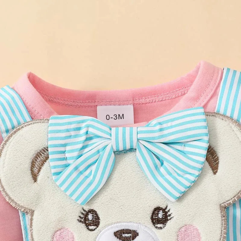 Newborn Baby Girl 2Pcs Set Adorable Cartoon Bear Bodysuit Striped Skirt Set with Matching Bow Headband Infant Outfits 0-1 Years Leedoar