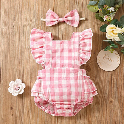 Newborn Baby Girl Bubble Cotton Plaid Flying Sleeve Climbing Suit With Buttocks+Headwear Leedoar