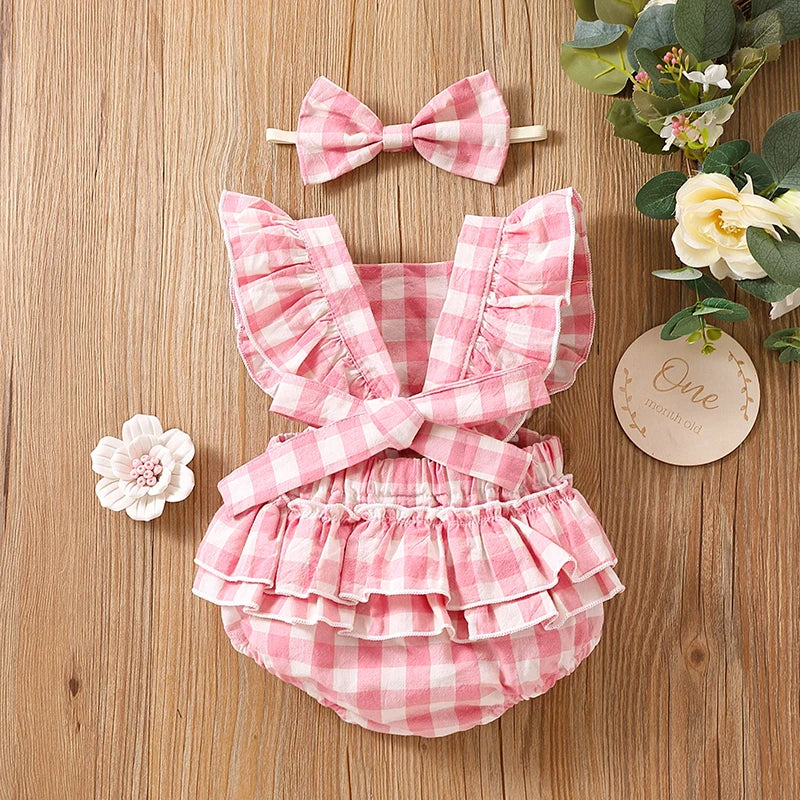 Newborn Baby Girl Bubble Cotton Plaid Flying Sleeve Climbing Suit With Buttocks+Headwear Leedoar