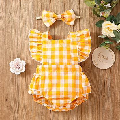 Newborn Baby Girl Bubble Cotton Plaid Flying Sleeve Climbing Suit With Buttocks+Headwear Leedoar