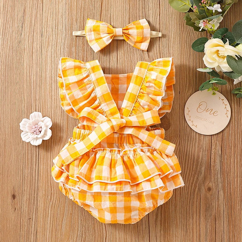 Newborn Baby Girl Bubble Cotton Plaid Flying Sleeve Climbing Suit With Buttocks+Headwear Leedoar