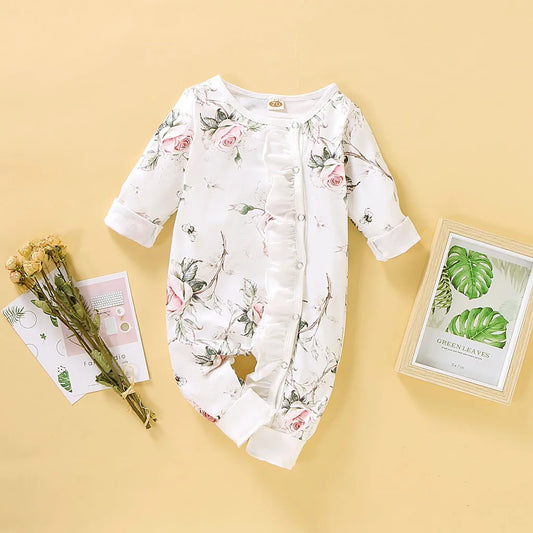 Newborn Baby Girl Romper Long Sleeve Spring and Autumn Jumpsuit Princess Little Girl Floral Bodysuit for Infant 0-18 Months Leedoar