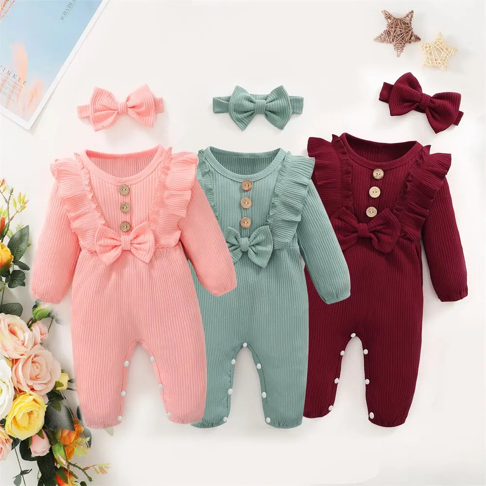 Newborn Baby Girl Romper Long Sleeved Ruffle Bodysuit with Headband Autumn & Winter Onesie Outfit Clothing for Baby 0-18 Months Leedoar