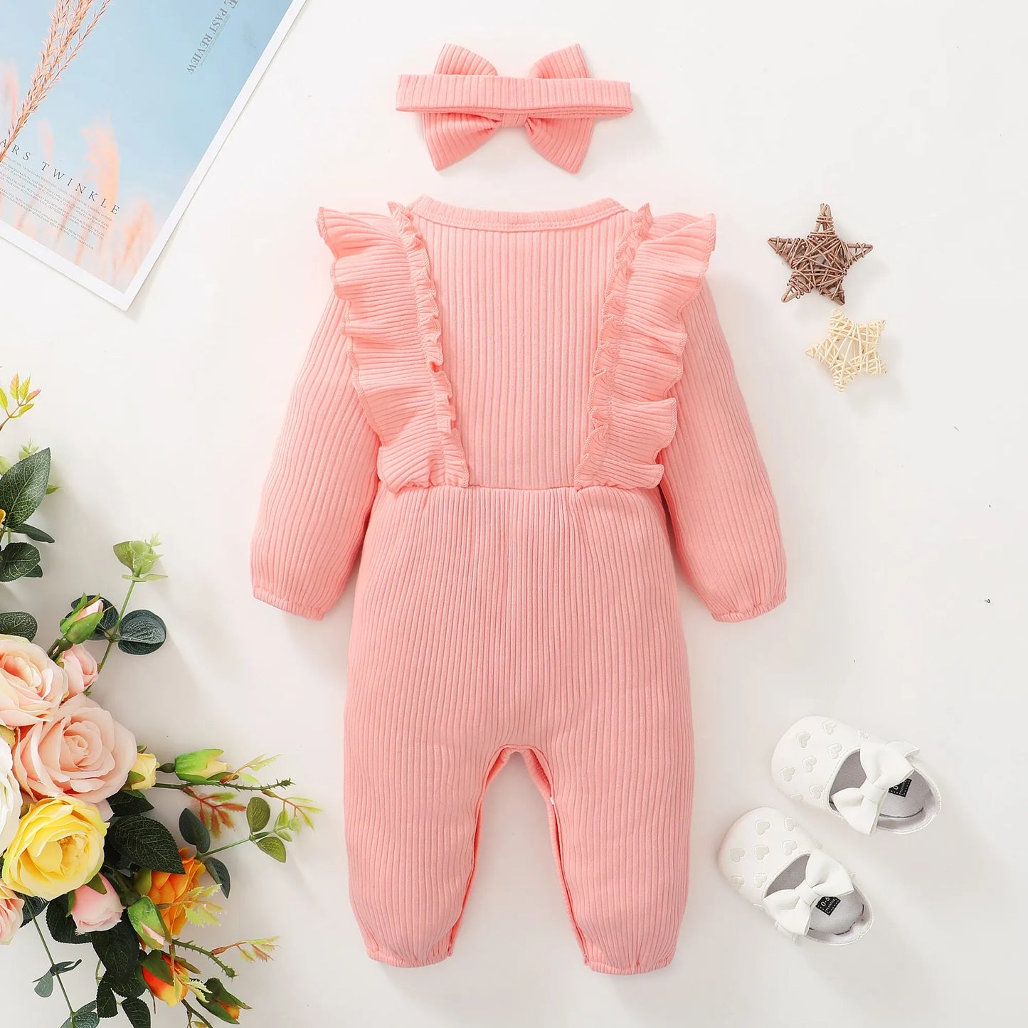 Newborn Baby Girl Romper Long Sleeved Ruffle Bodysuit with Headband Autumn & Winter Onesie Outfit Clothing for Baby 0-18 Months Leedoar