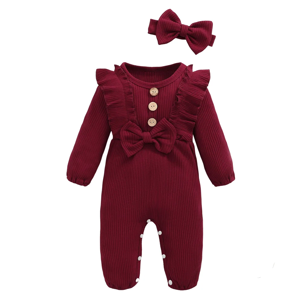 Newborn Baby Girl Romper Long Sleeved Ruffle Bodysuit with Headband Autumn & Winter Onesie Outfit Clothing for Baby 0-18 Months Leedoar