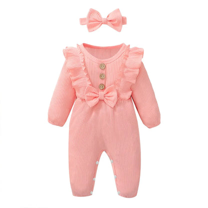 Newborn Baby Girl Romper Long Sleeved Ruffle Bodysuit with Headband Autumn & Winter Onesie Outfit Clothing for Baby 0-18 Months Leedoar