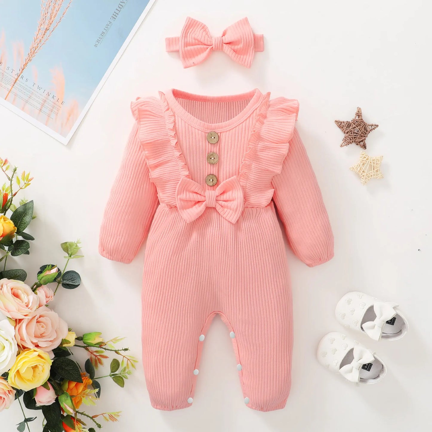 Newborn Baby Girl Romper Long Sleeved Ruffle Bodysuit with Headband Autumn & Winter Onesie Outfit Clothing for Baby 0-18 Months Leedoar