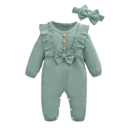 Newborn Baby Girl Romper Long Sleeved Ruffle Bodysuit with Headband Autumn & Winter Onesie Outfit Clothing for Baby 0-18 Months Leedoar