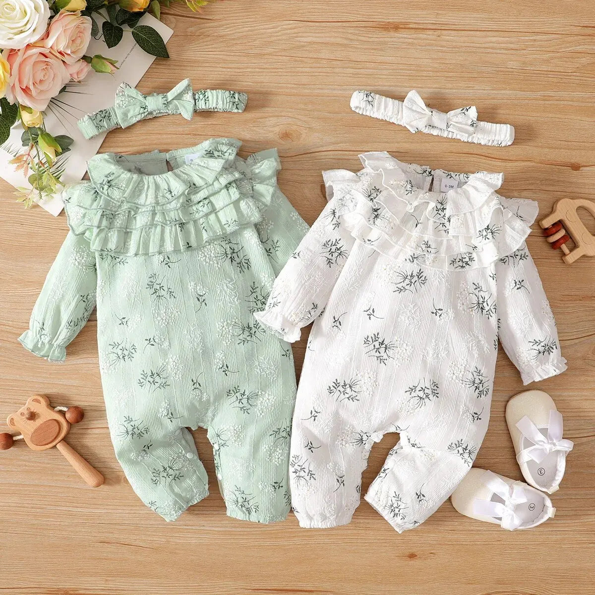 Newborn Baby Girl Spring and Autumn Bodysuit Floral Print Long Sleeve Romper with Headband Onesie Clothes for Infant 0-18 Months Leedoar