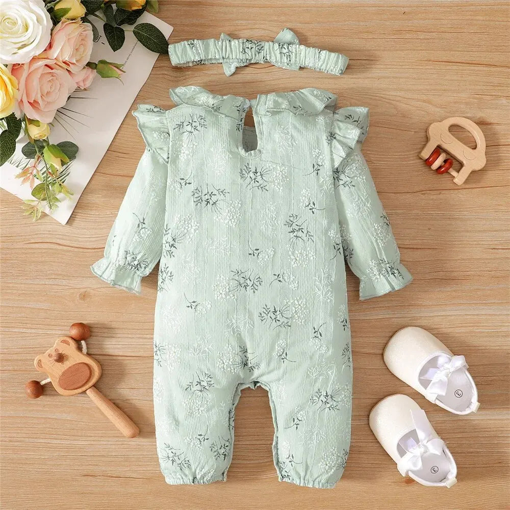 Newborn Baby Girl Spring and Autumn Bodysuit Floral Print Long Sleeve Romper with Headband Onesie Clothes for Infant 0-18 Months Leedoar