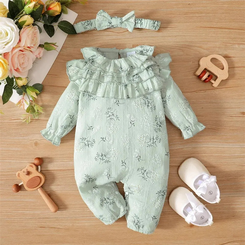 Newborn Baby Girl Spring and Autumn Bodysuit Floral Print Long Sleeve Romper with Headband Onesie Clothes for Infant 0-18 Months Leedoar