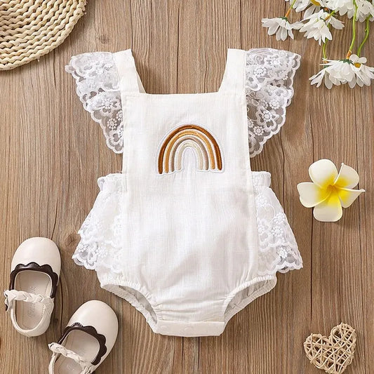 Newborn Baby Rainbow Embroidered Lace Flying Sleeves Romper Leedoar