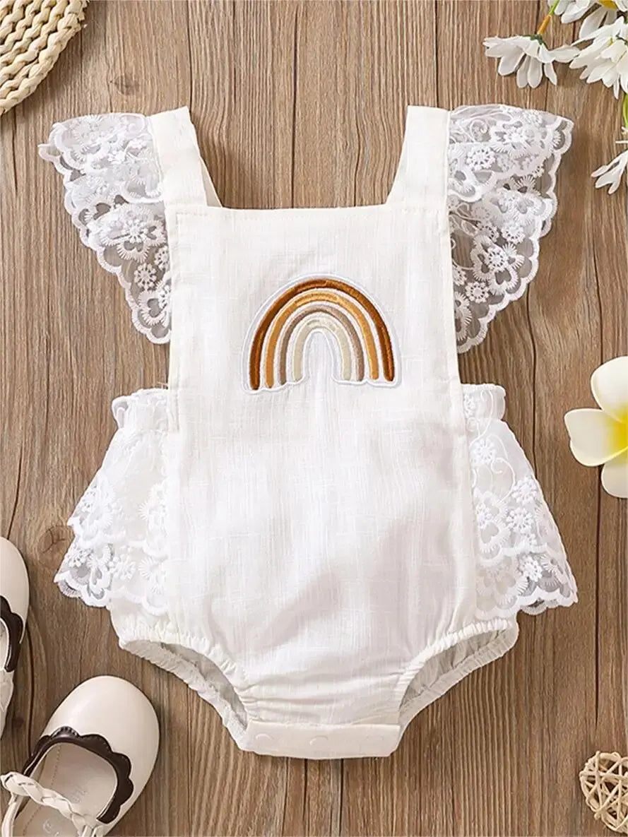 Newborn Baby Rainbow Embroidered Lace Flying Sleeves Romper Leedoar