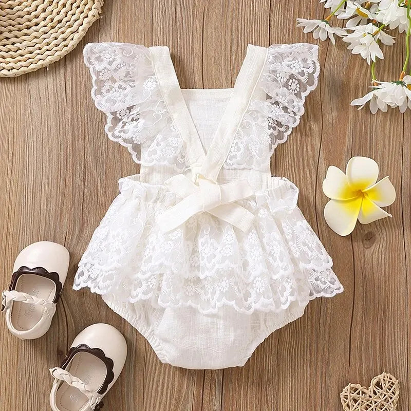 Newborn Baby Rainbow Embroidered Lace Flying Sleeves Romper Leedoar