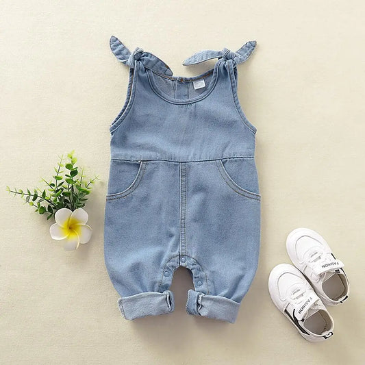 Newborn Baby Unisex Girl Boy Romper Bodysuit Cotton Denim Solid Tether Sling Button Baby One Piece For Baby Girl Boy 0-12 Months Leedoar