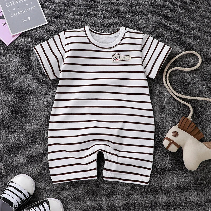 Newborn Bodysuit Baby Cotton Short Sleeve Rompers Clothes Summer Infant Girls Boys Overalls Kids Stripe One-Pieces 0-2 Years Leedoar