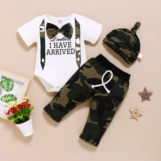 Newborn Male Baby Summer Tie Short Sleeved Bodysuit Camouflage Pants Cap Three Piece Set Suitable for Babies Aged 0-18 Months Leedoar