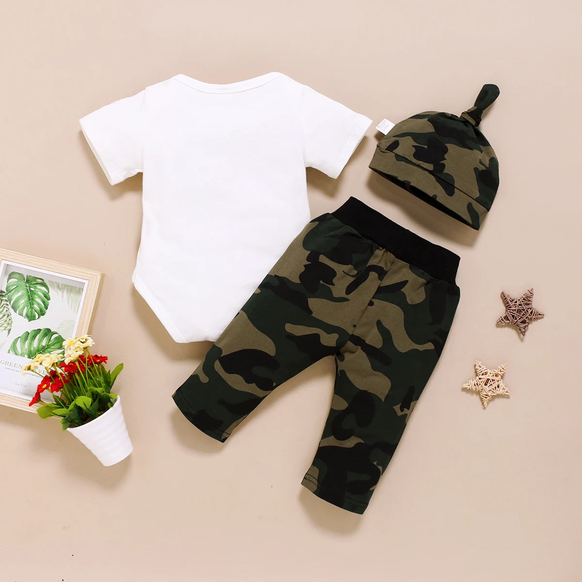 Newborn Male Baby Summer Tie Short Sleeved Bodysuit Camouflage Pants Cap Three Piece Set Suitable for Babies Aged 0-18 Months Leedoar