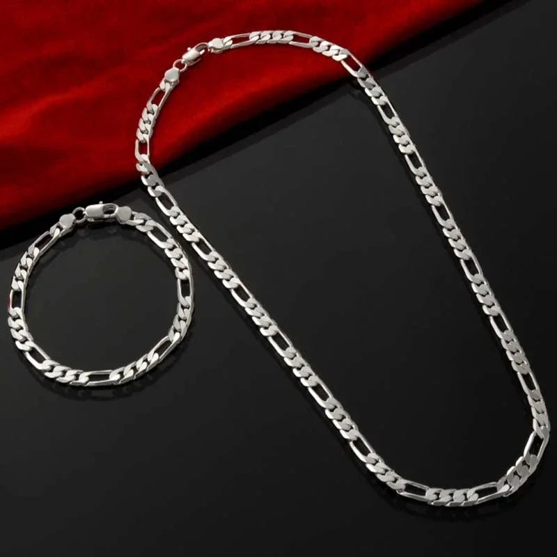 Noble New Arrive Silver Color 4MM Chain for Men Women Bracelet Necklace Jewelry Set Lady Christma Gifts Charms Wedding Leedoar