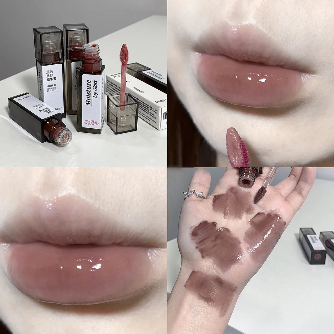 Brillo de labios Nude Grey Mirror Lip Glaze Lip Oil Clear Water Light Lip Gloss Crystal Lip Tint Lasting Nonstick Cup Punk Smoky Liquid Lipstick 