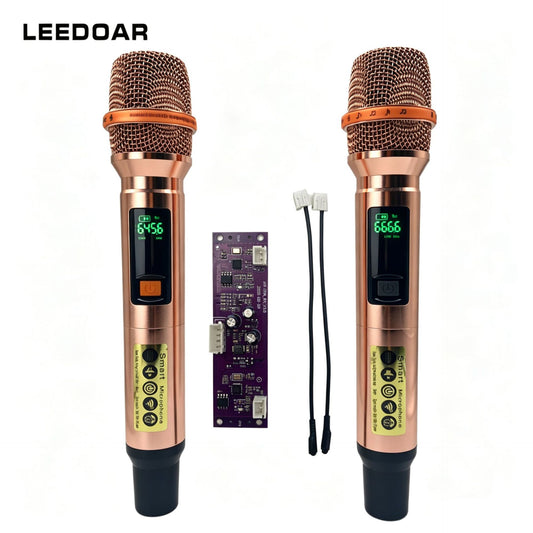 LEEDOAR HT-35 Rose Gold Handheld UHF Dual-Channel Wireless Microphone System for Karaoke Trolley Speakers