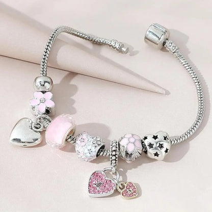 Obega Love Heart Flower Glass Pendant Charm Bracelet Classic Pink White Crystal Stone Adjustable Bead Bracelet Silver Gold Color Leedoar