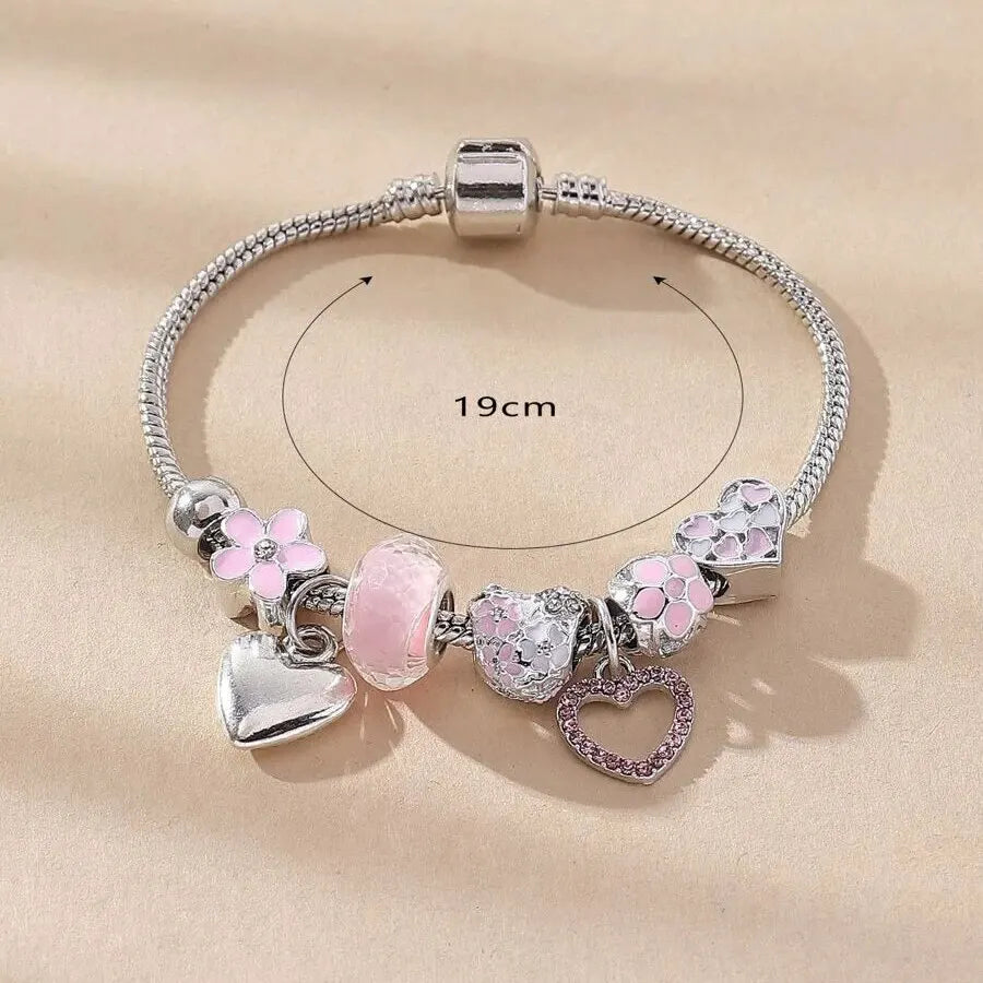 Obega Love Heart Flower Glass Pendant Charm Bracelet Classic Pink White Crystal Stone Adjustable Bead Bracelet Silver Gold Color Leedoar