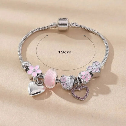 Obega Love Heart Flower Glass Pendant Charm Bracelet Classic Pink White Crystal Stone Adjustable Bead Bracelet Silver Gold Color Leedoar