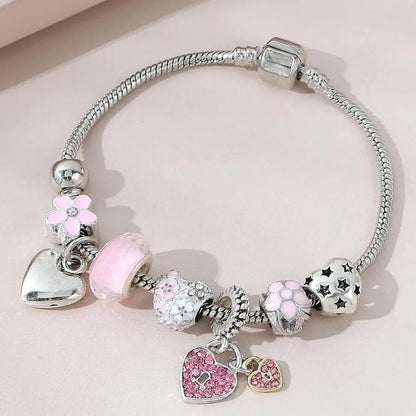 Obega Love Heart Flower Glass Pendant Charm Bracelet Classic Pink White Crystal Stone Adjustable Bead Bracelet Silver Gold Color Leedoar