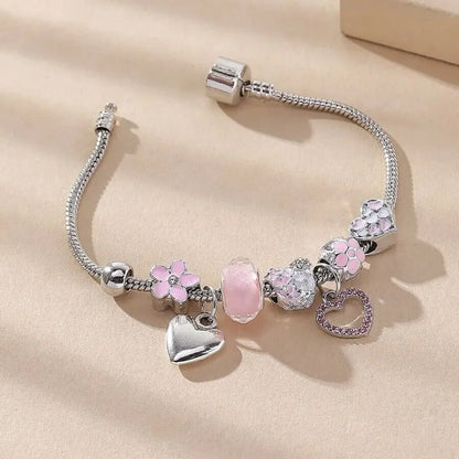 Obega Love Heart Flower Glass Pendant Charm Bracelet Classic Pink White Crystal Stone Adjustable Bead Bracelet Silver Gold Color Leedoar