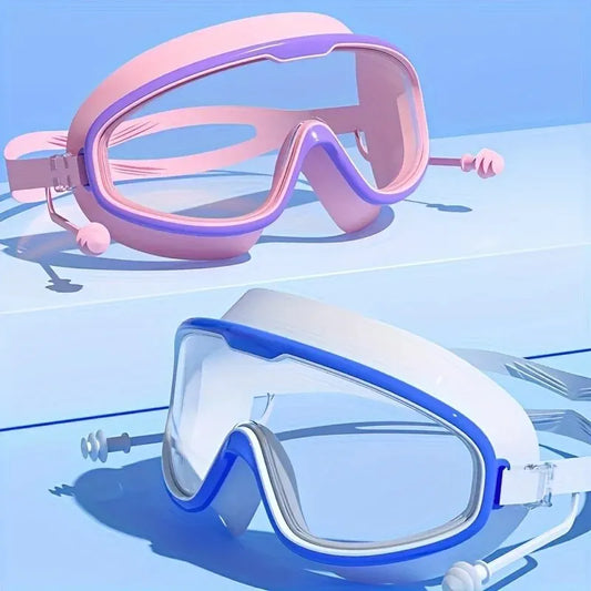 Gafas de natación para exteriores con montura grande, impermeables, antivaho, protección UV y tapones para los oídos para mayores de 14 años 