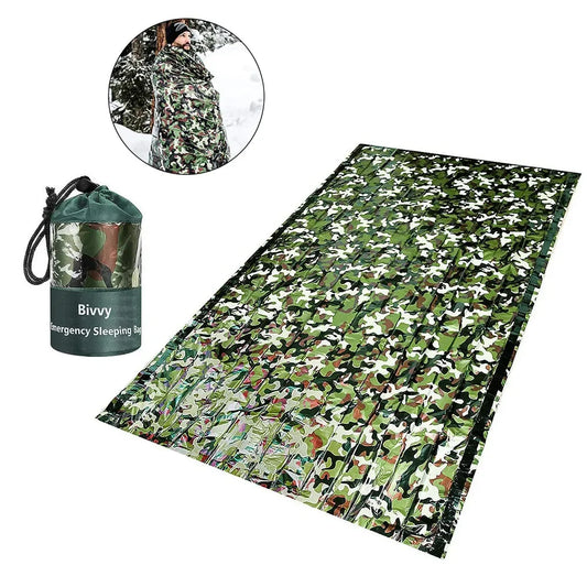 Saco de dormir de emergência PE camuflagem impermeável sobrevivência portátil 120x200cm saco de dormir para acampamento ao ar livre caminhada aventura 